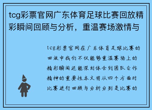 tcg彩票官网广东体育足球比赛回放精彩瞬间回顾与分析，重温赛场激情与团队合作精神