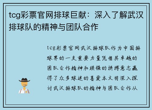 tcg彩票官网排球巨献：深入了解武汉排球队的精神与团队合作