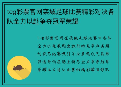 tcg彩票官网栾城足球比赛精彩对决各队全力以赴争夺冠军荣耀