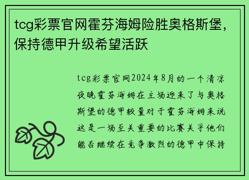 tcg彩票官网霍芬海姆险胜奥格斯堡，保持德甲升级希望活跃